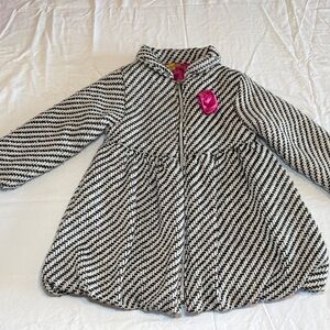 Penelope Mack Black & White Herringbone Hooded Pea Coat with Pink Flower